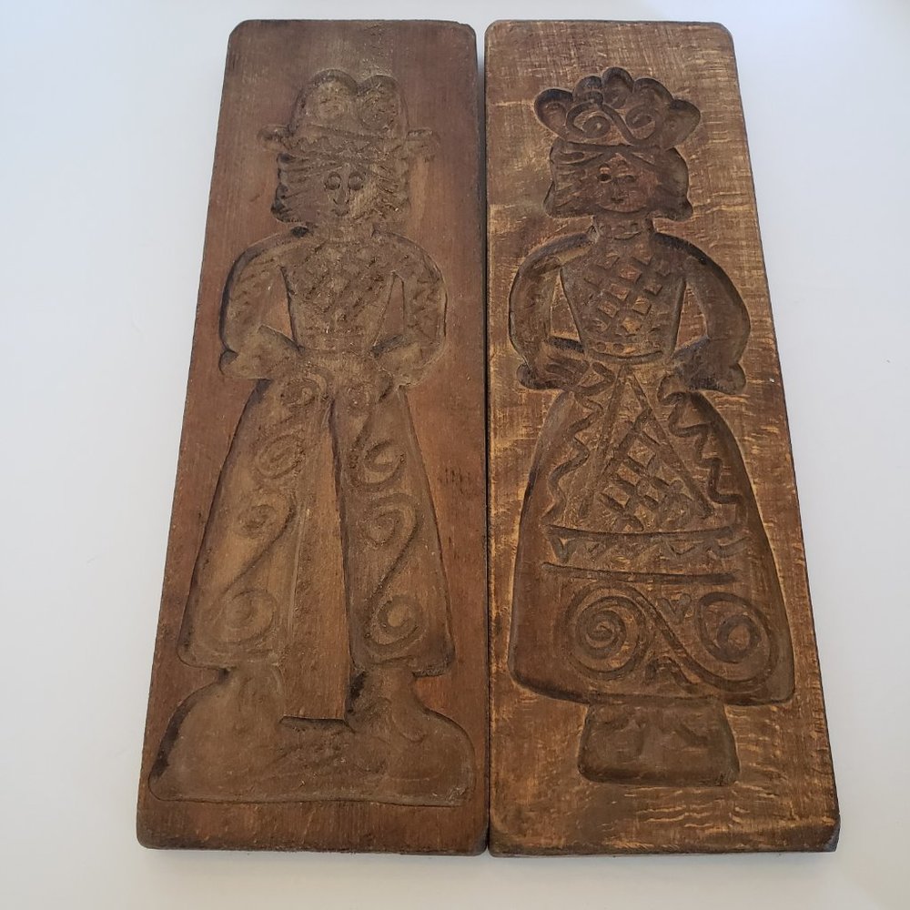 Pair Vintage Hand Carved Wooden Cookie Biscuit Baking Molds Boy and Girl